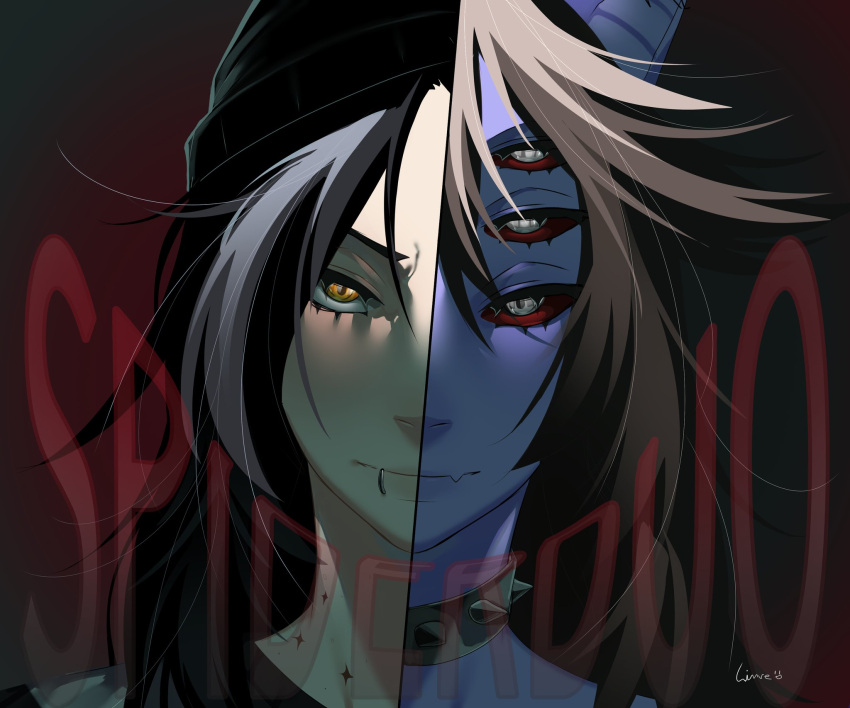 animal_ears, arkanis, bat_ears, beanie, black_hair, brown_hair, collar, colored_sclera, colored_skin, commentary, dante_will, extra_eyes, face_piercing, hat, highres, kalera, minecraft_youtube, mouth_piercing, multicolored_hair, piercing, portuguese_commentary, purple_skin, red_sclera, spiked_collar, spikes, streaked_hair, vevexxbro, virtual_youtuber, white_streaks, yellow_eyes