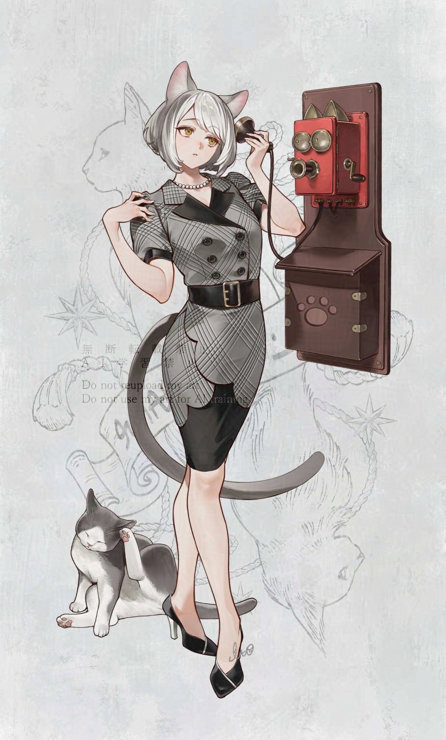 1girl, animal_ears, animalization, antique_phone, belt, black_belt, black_shoes, black_skirt, black_trim, bob_cut, brown_eyes, cat, cat_ears, cat_girl, cat_tail, commentary, crank, dress, earpiece, english_commentary, grey_background, grey_dress, grey_hair, hand_on_own_shoulder, hatching_(texture), high_heels, highres, itou_(very_ito), jewelry, multicolored_hair, necklace, original, parted_lips, paw_print, pearl_necklace, pencil_skirt, person_and_animalization, puffy_short_sleeves, puffy_sleeves, ringer_box, shoes, short_hair, short_sleeves, skirt, swept_bangs, tail, talking_on_phone, two-tone_hair, watermark, white_hair