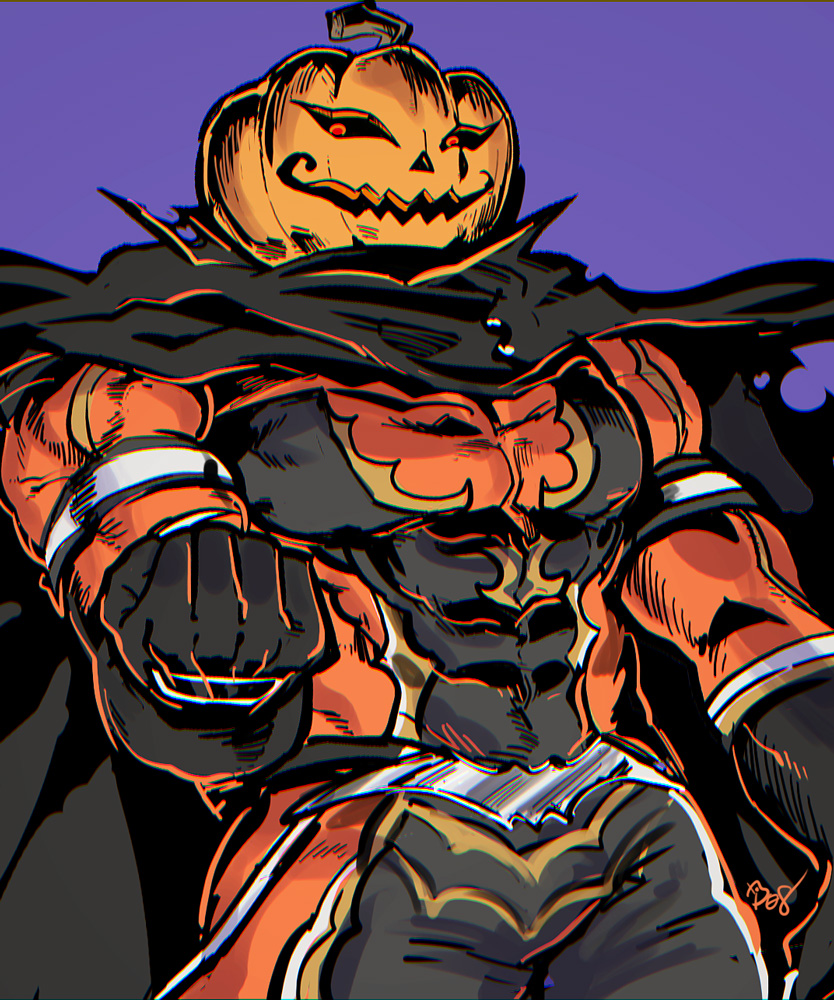 1boy, black_cape, bodysuit, cape, clenched_hand, cowboy_shot, grimms_notes, jack-o'-lantern_(grimms_notes)