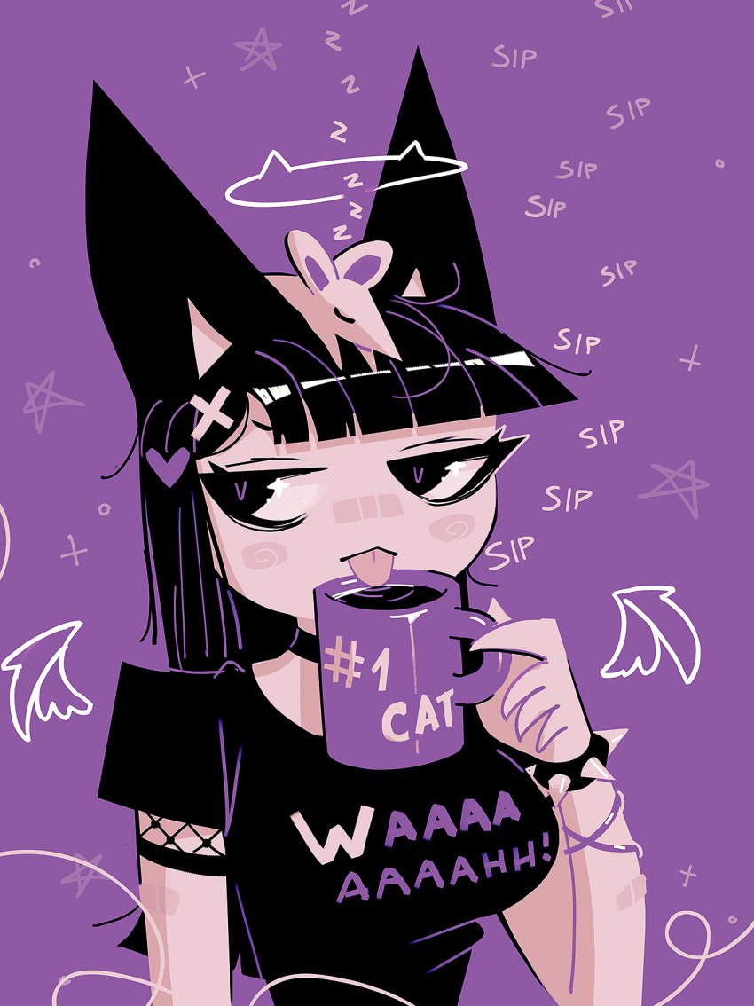 andaerz, animal_ears, animal_on_head, bandaid, bandaid_on_arm, bandaid_on_face, bandaid_on_nose, black_choker, black_hair, black_skirt, blush, blush_stickers, bracelet, breasts, cat_ears, cat_girl, cat_girl_(andaerz), choker, coffee, coffee_mug, cross, cross_hair_ornament, cup, detached_wings, drinking, english_text, fishnet_sleeves, fishnets, hair_ornament, halo, heart, heart_hair_ornament, highres, jewelry, large_ears, long_hair, mouse_(animal), mug, on_head, original, purple_background, shirt, skirt, sleeping, star_(symbol), t-shirt, tongue, tongue_out, violet_eyes, wings, zzz