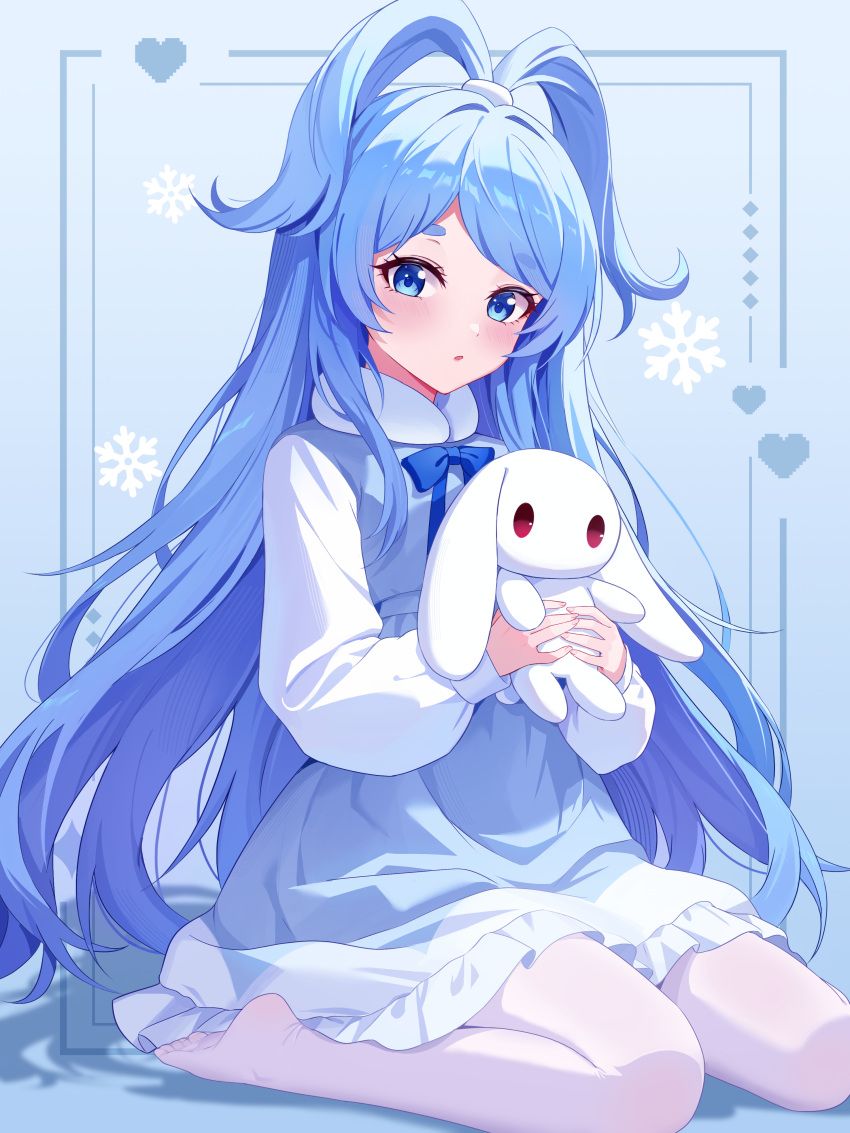 1girl, absurdres, black_hair, blue_bow, blue_dress, blue_eyes, blue_hair, blush, bow, bowtie, daer_maodou_(roco_kingdom:_world), dress, frilled_dress, frills, full_body, heart, highres, holding, holding_stuffed_toy, long_hair, long_sleeves, looking_at_viewer, no_shoes, pantyhose, parted_lips, puffy_long_sleeves, puffy_sleeves, roco_kingdom, roco_kingdom:_world, shirt, short_eyebrows, sitting, sleeveless, sleeveless_dress, snowflakes, socks, solo, stuffed_animal, stuffed_rabbit, stuffed_toy, thick_eyebrows, very_long_hair, wariza, white_dress, white_pantyhose, white_shirt, white_socks, xiongji_z_z, xueying_wawa_(anthropomorphism)_(roco_kingdom:_world)