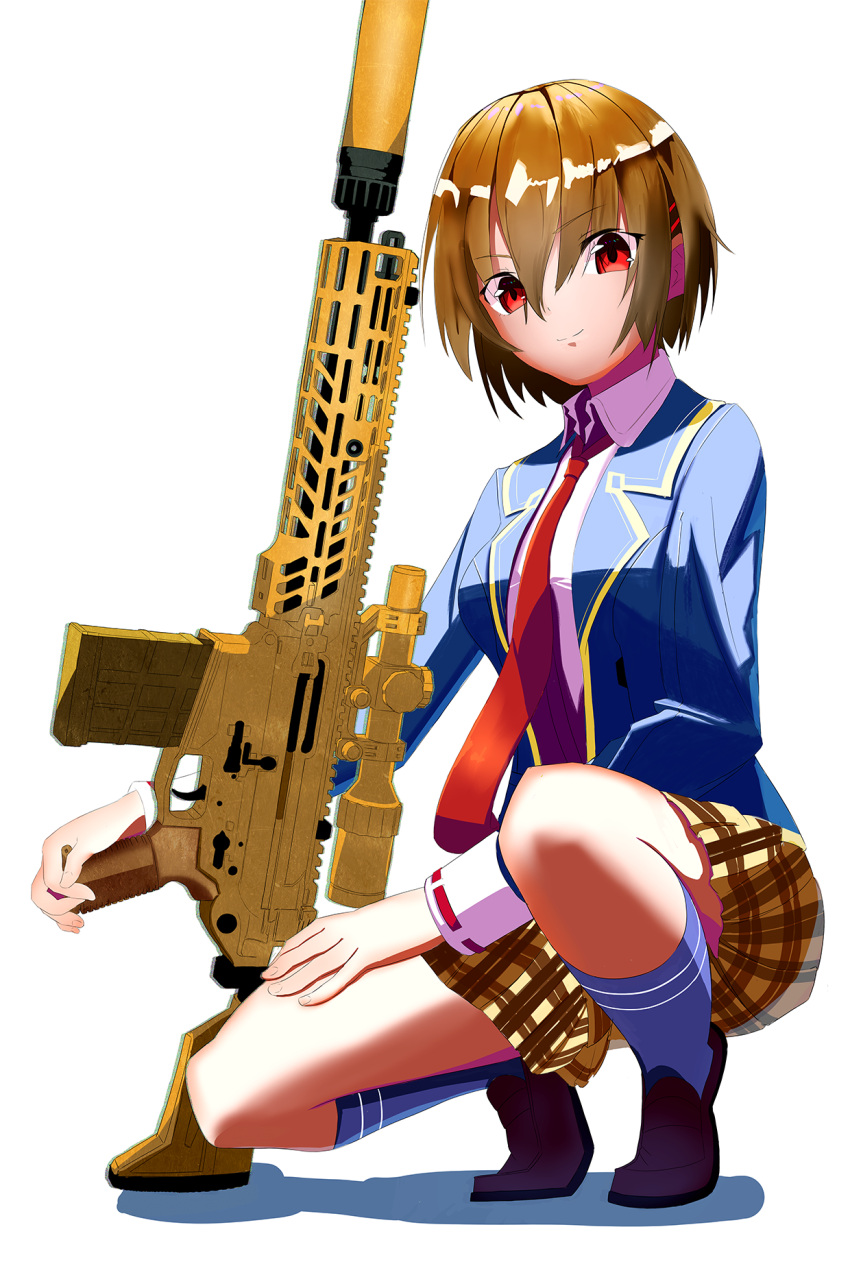 1girl, brown_hair, gun, heaven_burns_red, highres, kayamori_ruka, looking_at_viewer, necktie, red_eyes, red_necktie, rifle, sakeluck, school_uniform, short_hair, sig_mcx, simple_background, socks, squatting, weapon, weapon_request