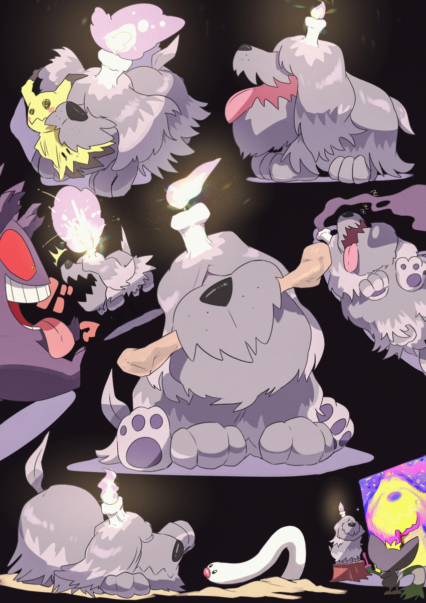 absurdres, black_background, candle, commentary_request, dog, easel, gengar, grafaiai