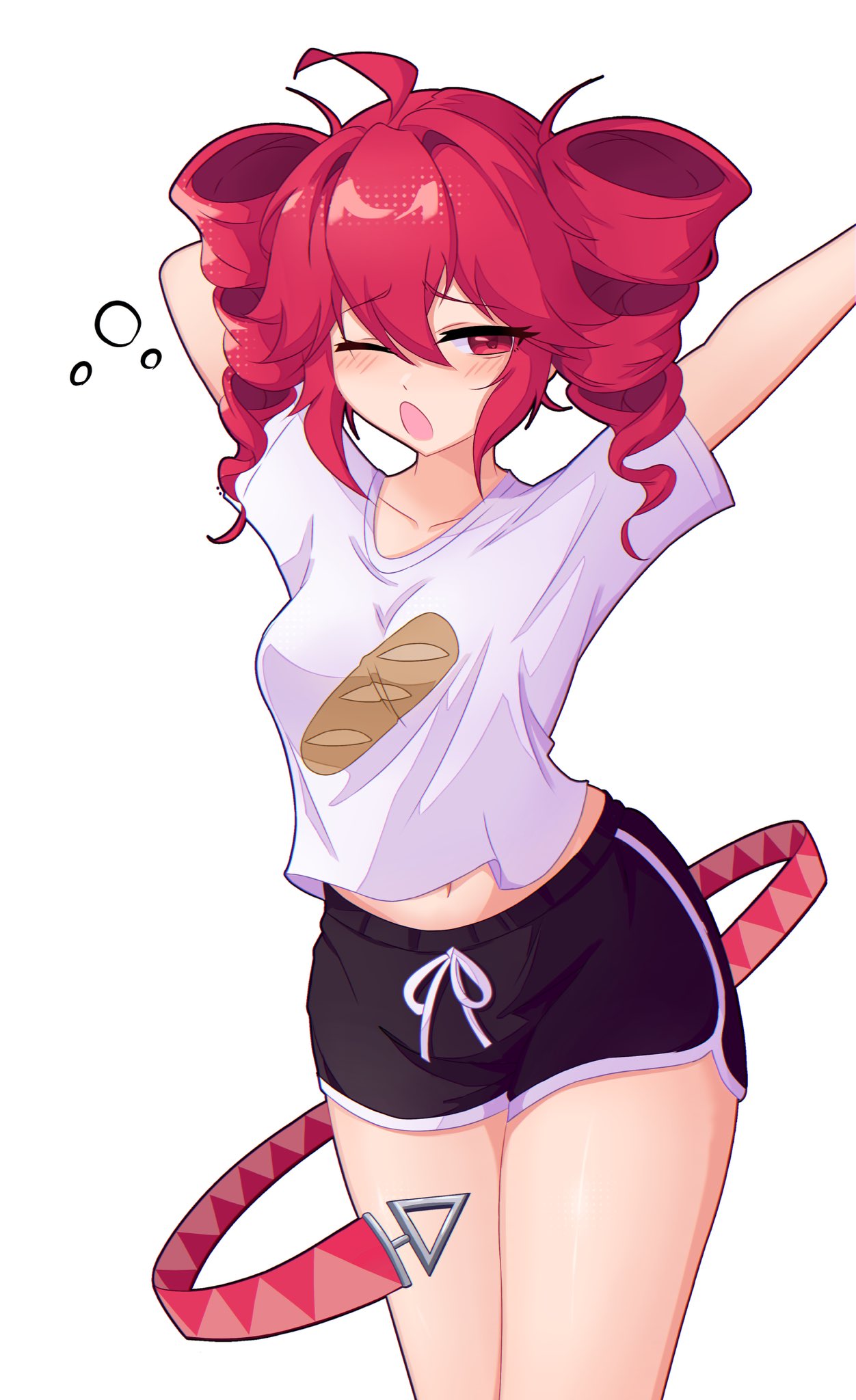 1girl, ahoge, alternate_costume, arm_behind_head, arms_up, dolphin_shorts, drill_hair, gumitetoyuri