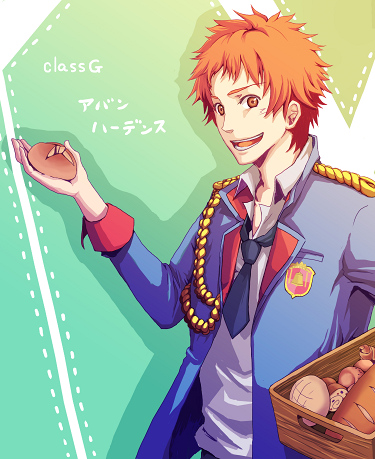 avan_hardins, basket, bread, food, lowres, necktie, orange_eyes, orange_hair