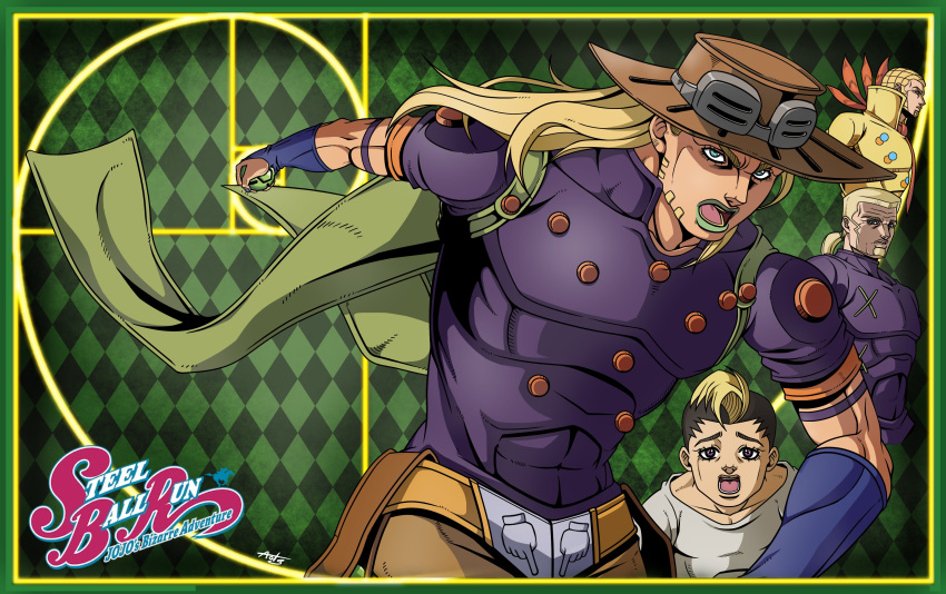 4boys, absurdres, anime_coloring, araki_hirohiko_(style), argyle_background, armband, ball, beard