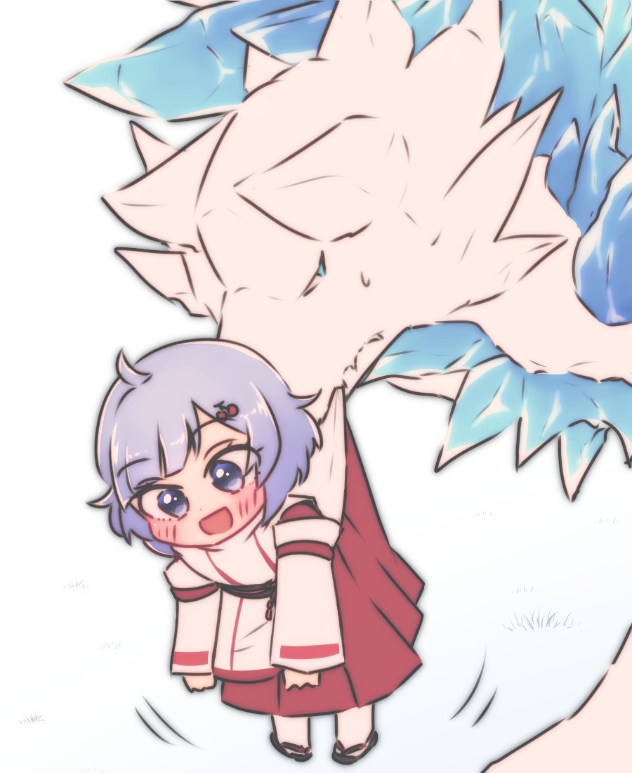 1boy, 1girl, ahoge, cherry_hair_ornament, child, father_and_child, father_and_daughter, food-themed_hair_ornament, fubuki_(rune_factory), hair_ornament, hana_(rune_factory), japanese_clothes, licorice444, open_mouth, parent_and_child, rune_factory, rune_factory:_guardians_of_azuma, wolf_boy