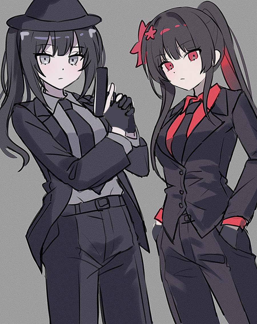 black_hair, black_jacket, black_pants, grey_background, grey_eyes, grey_shirt, gun, handgun