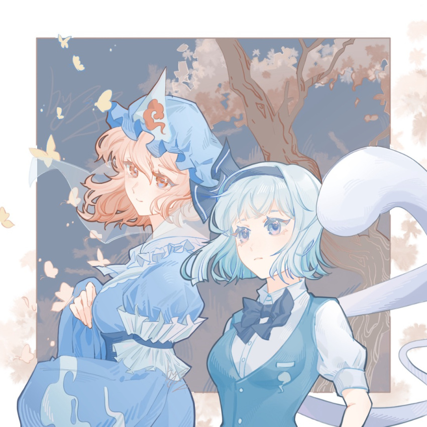 2girls, black_bow, black_bowtie, black_hairband, blue_hat, blue_kimono, bow, bowtie