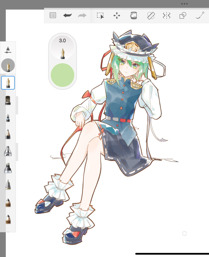 1girl, art_program_in_frame, black_hat, black_skirt, blue_vest, chinese_commentary, commentary_request, crossed_legs