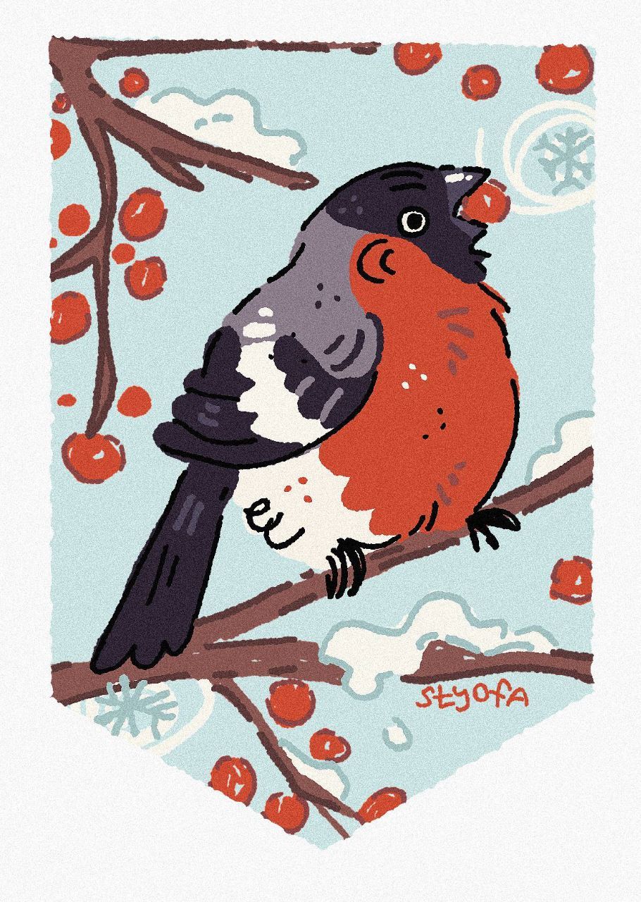 animal_focus, artist_name, berry, bird, eurasian_bullfinch, highres, no_humans, original
