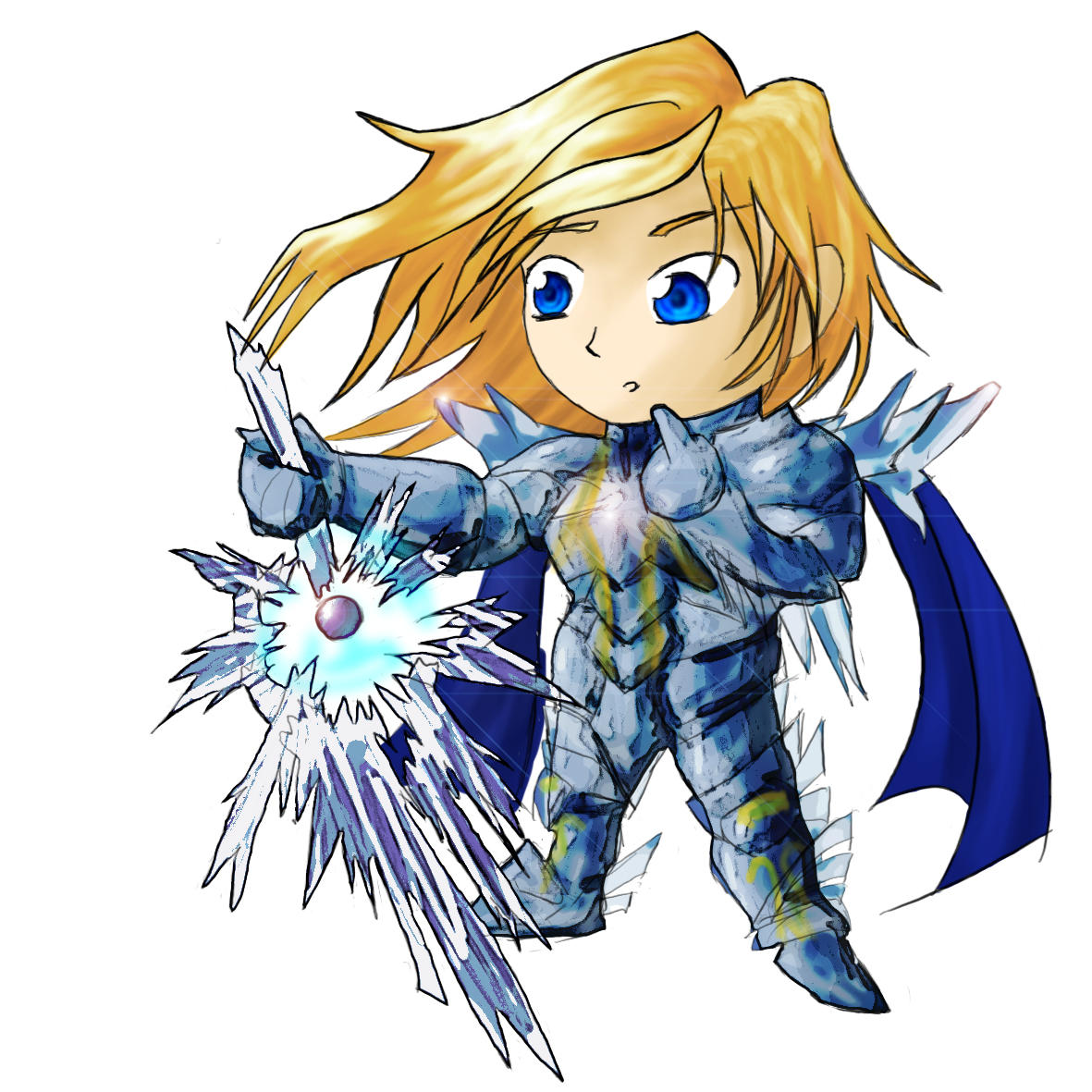 1boy, armor, armored_boots, blonde_hair, blue_cape, blue_eyes, boots, cape