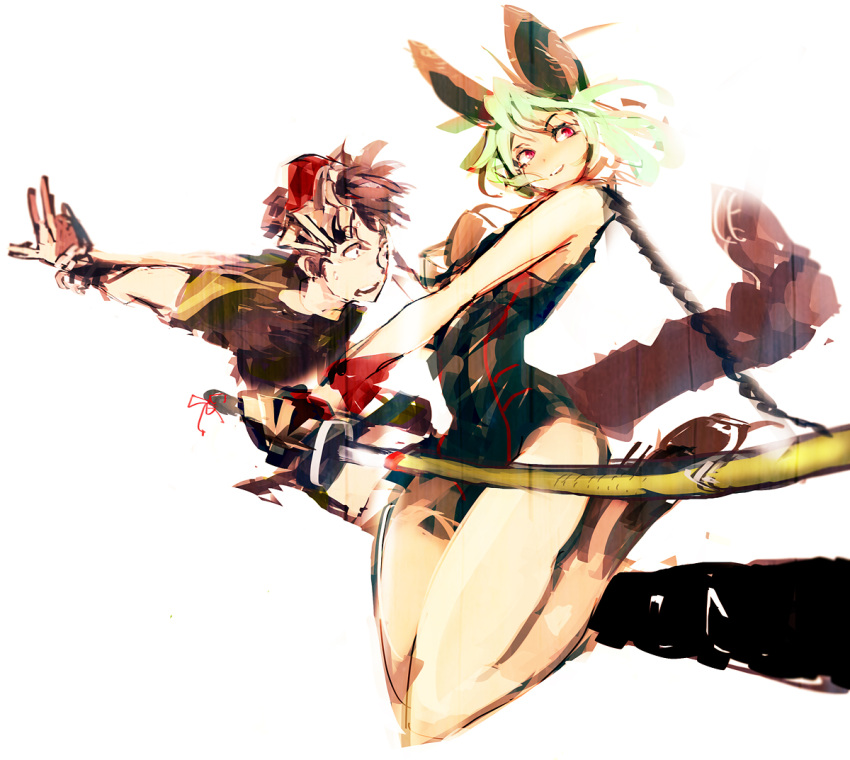 1girl, action, animal_ears, blonde_hair, breasts, brown_hair, bunny_girl, katana