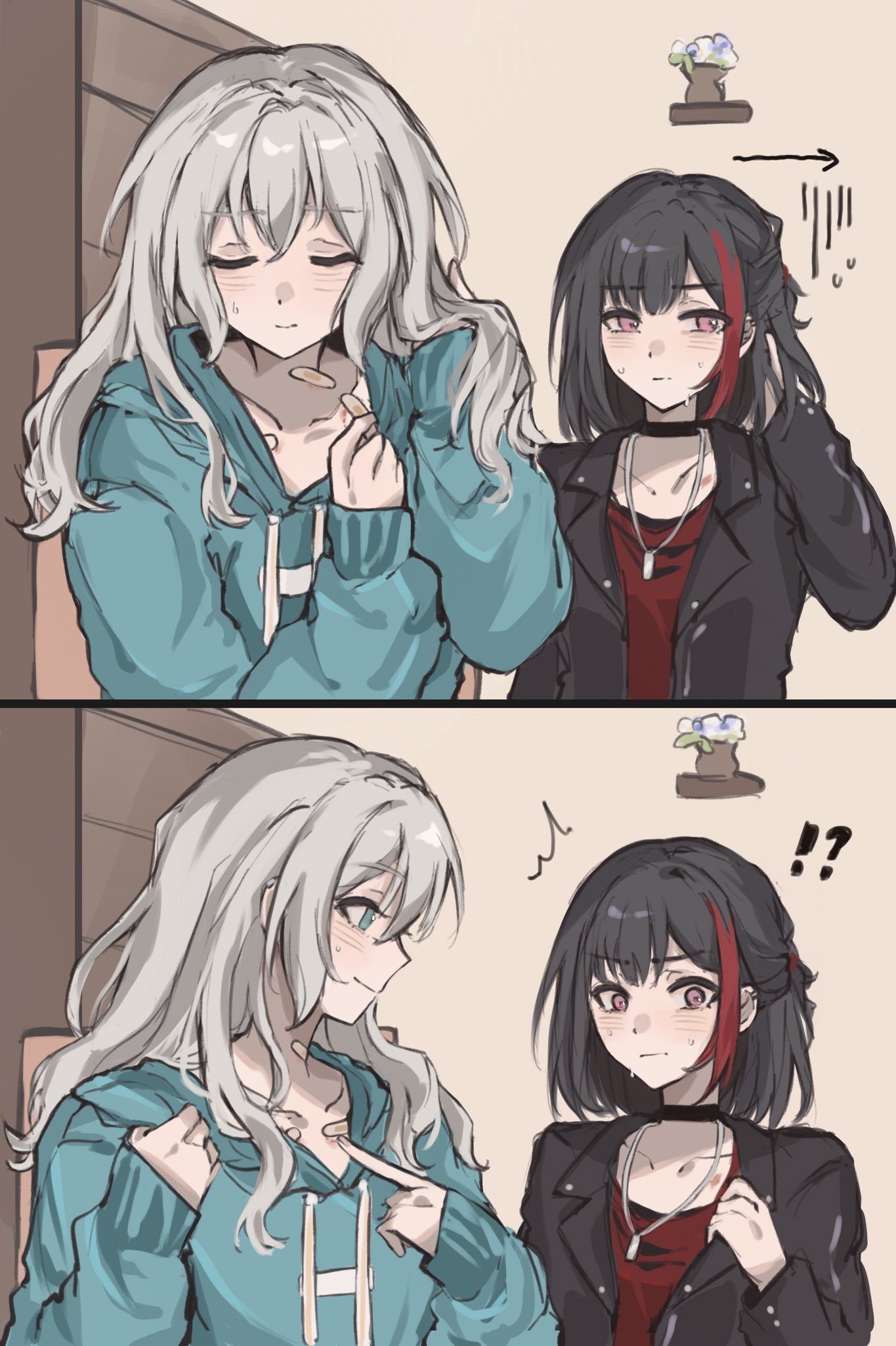 !?, 2girls, alternate_hairstyle, aoba_moca, bandages, bang_dream!, bang_dream!_girls_band_party!, bite_mark
