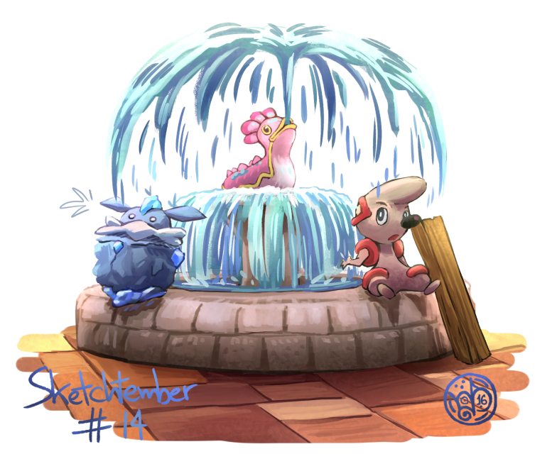 carbink, commentary_request, fountain, full_body, meriimerodii, mixed-language_commentary, open_mouth, pokemon