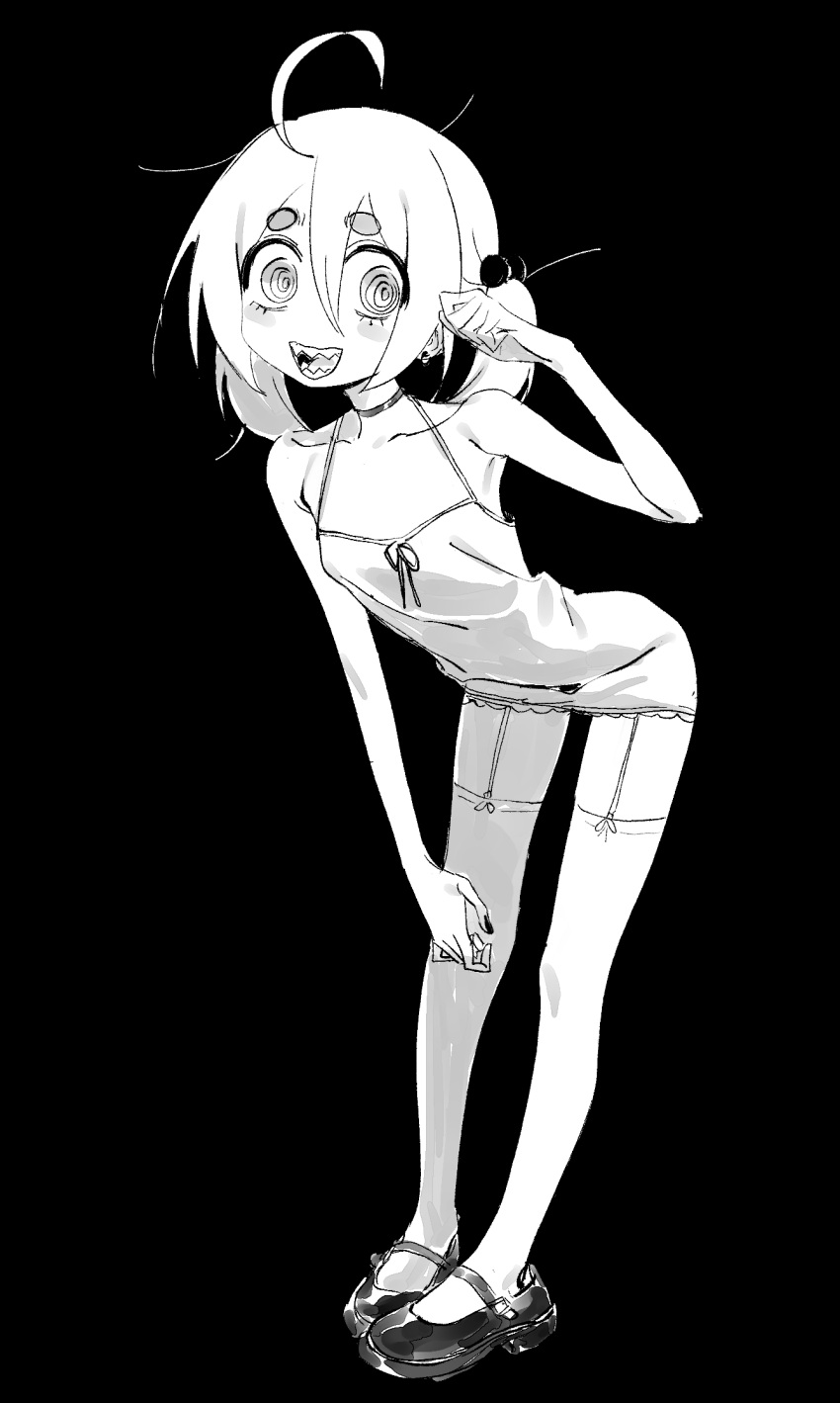 1girl, :d, ahoge, bare_shoulders, black_background, choker, collarbone, dress