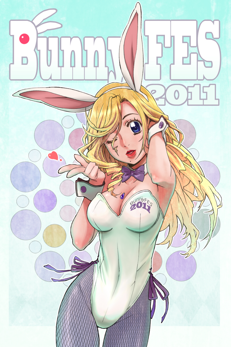 <3, 1girl, 2011, animal_ears, blonde_hair, blue_eyes, bowtie, breasts