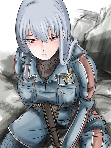duplicate, gun, large_breasts, long_hair, morinokomichi, pixiv_thumbnail, red_eyes, selvaria_bles, senjou_no_valkyria, senjou_no_valkyria_2, uniform, weapon