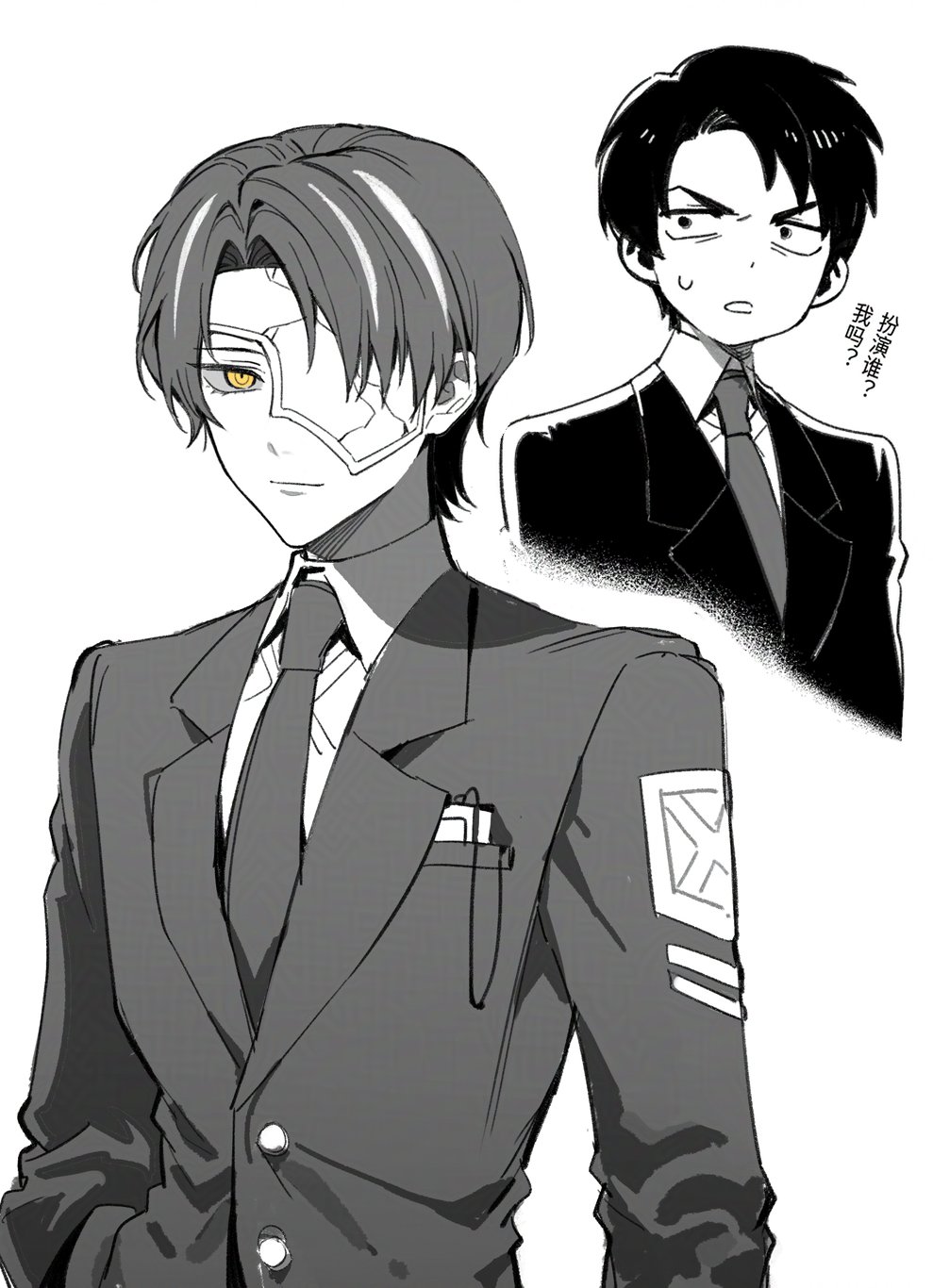2boys, breast_pocket, chinese_commentary, chinese_text, closed_mouth, collared_shirt, commentary, cracked_mask