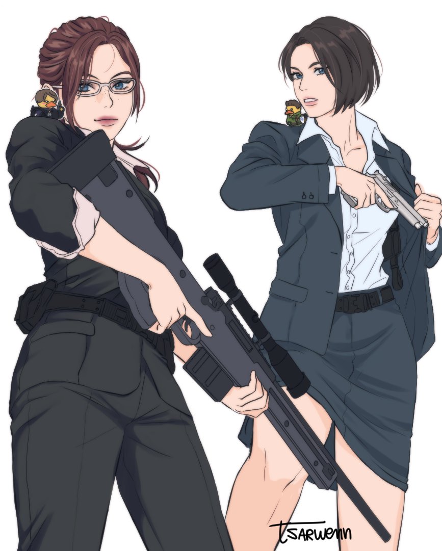 2girls, ammunition_pouch, artist_name, bare_legs, belt, black_jacket, blue_eyes, brown_hair