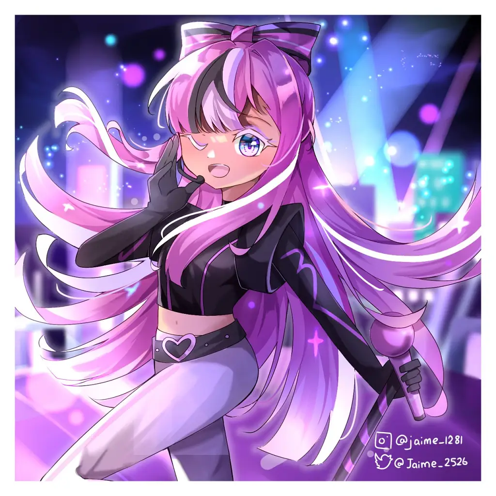 bow, bow-shaped_hair, cookie_run:_ovenbreak, cropped_jacket, eyelashes, glitter, glitter_in_hair, hair_ornament, headset, heart, holding, holding_microphone, holding_microphone_stand, jaime_2526, long_hair, microphone, microphone_stand, multicolored_hair, one_eye_closed, pants, pink_hair, shining_glitter_cookie, smile, third-party_source, white_pants