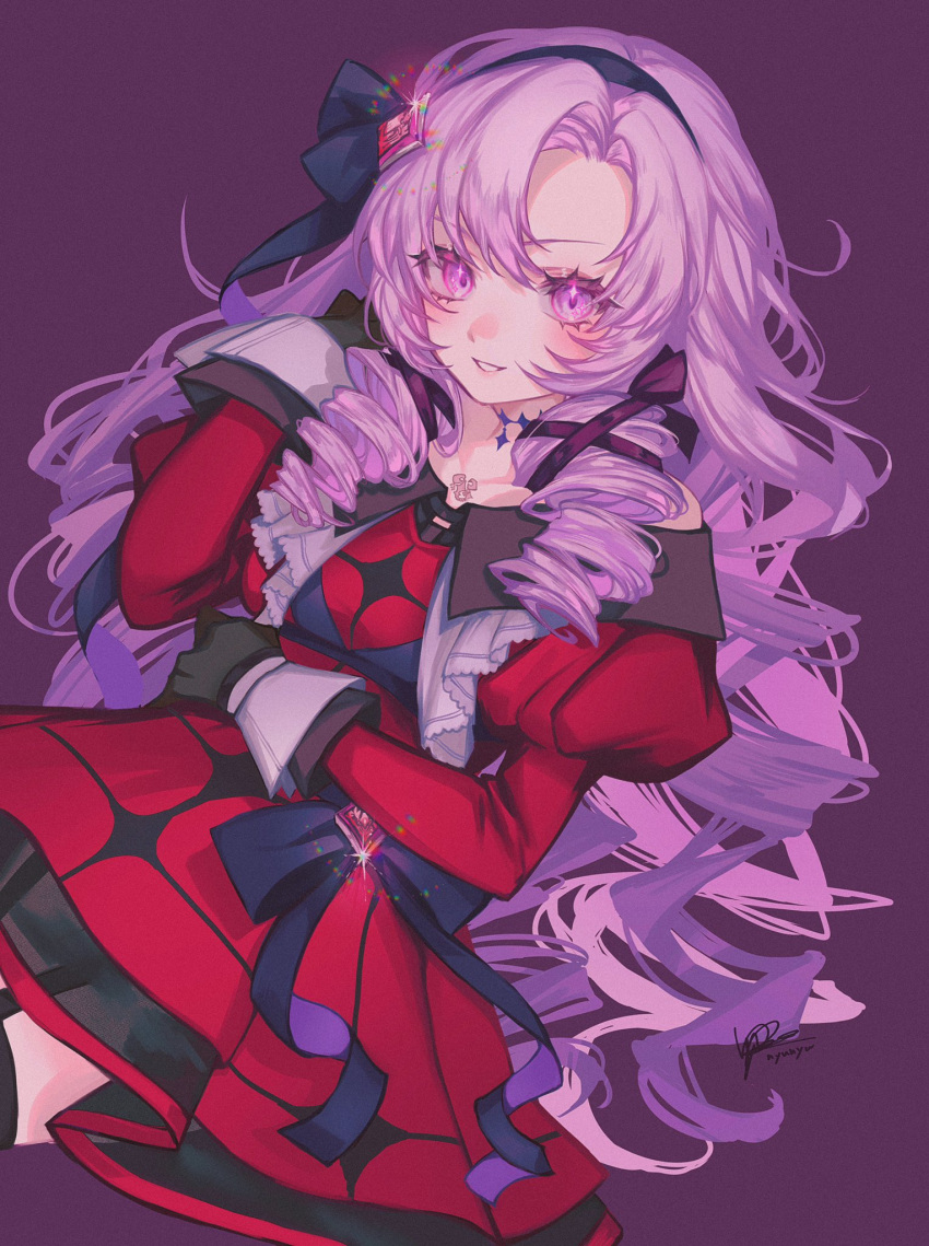 1girl, bare_shoulders, black_gloves, black_ribbon, breasts, cowboy_shot, dress, drill_hair