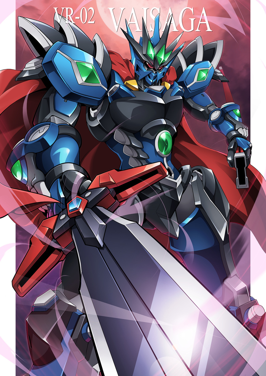 cape, gamiani_zero, highres, holding, holding_weapon, mecha, mecha_focus, no_humans