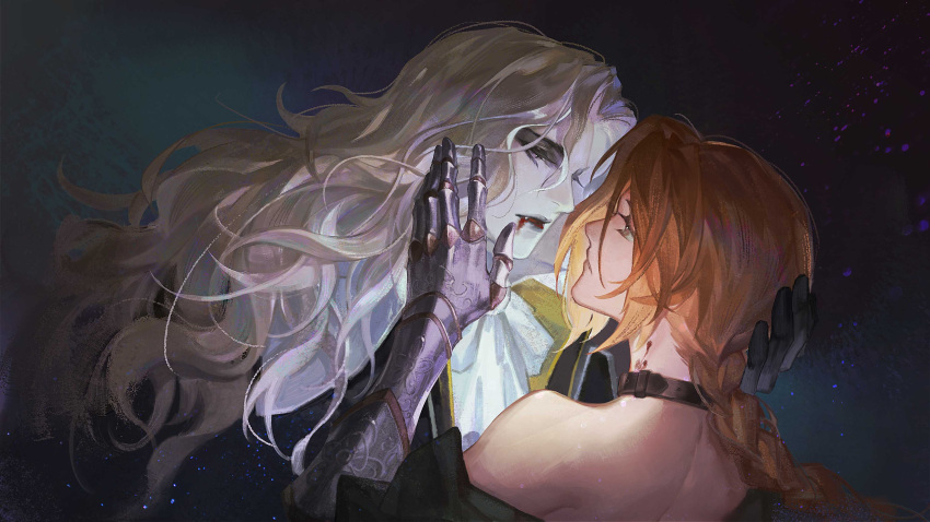 1boy, 1girl, absurdres, alucard_(castlevania), aristocratic_clothes, artist_request, ascot, bare_shoulders
