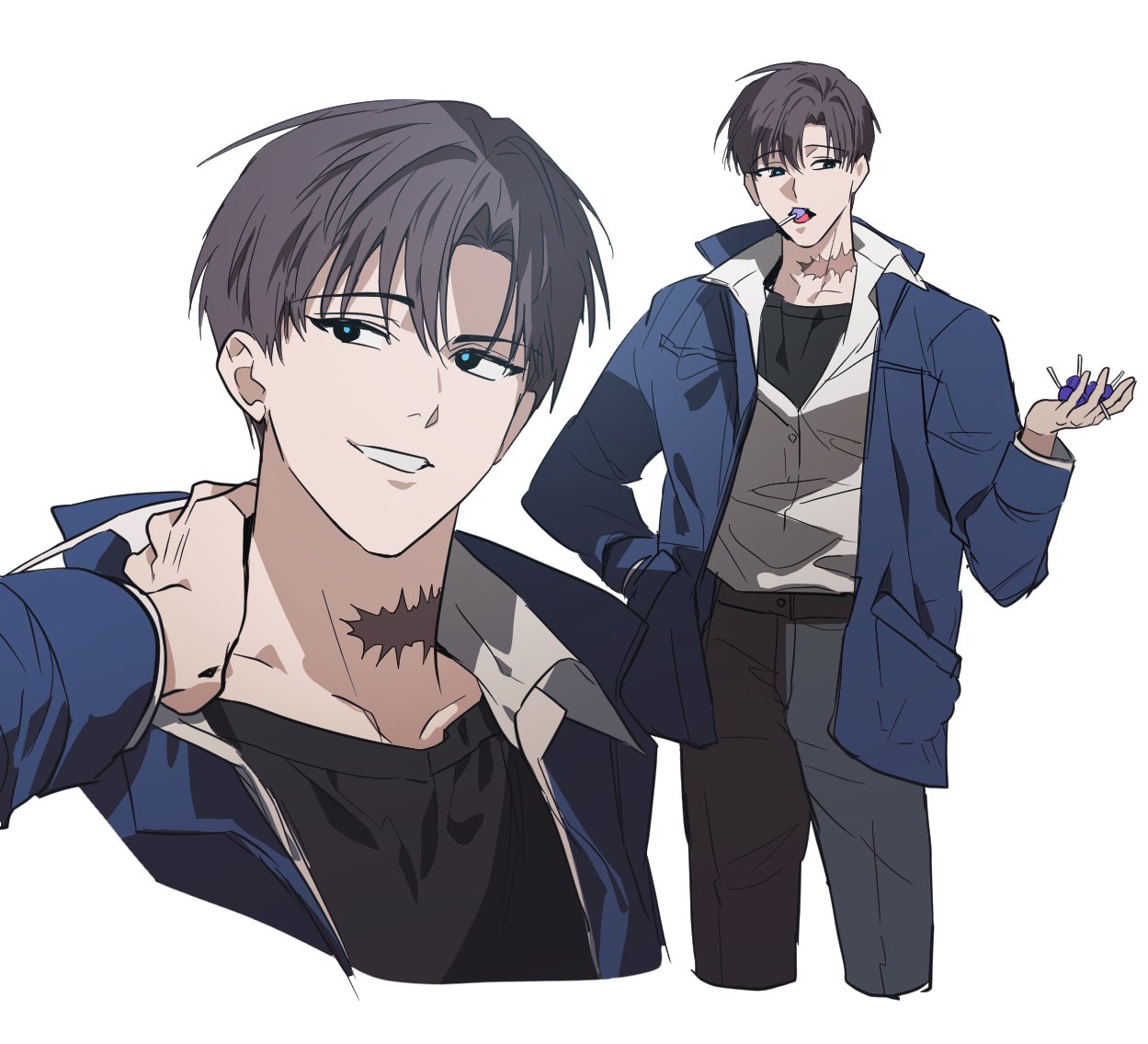 1boy, agent_choi, black_eyes, black_shirt, blue_jacket, blue_pupils, brown_hair, candy, chulgun_dodo, collared_shirt, eating, food, food_in_mouth, gwechul, hand_on_own_neck, hand_up, jacket, lollipop, lollipop_in_mouth, looking_to_the_side, male_focus, open_clothes, open_jacket, parted_lips, scar, scar_on_neck, shirt, shirt_under_shirt, short_hair, simple_background, smile, solo, white_background, white_shirt