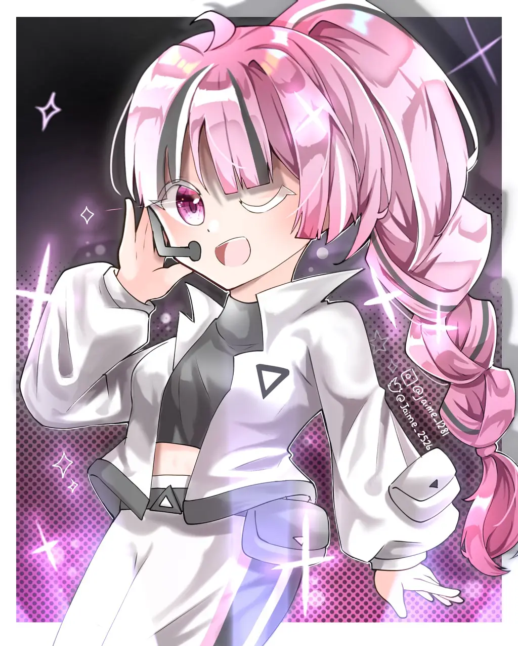 1girl, braid, braided_ponytail, cookie_run, cookie_run:_ovenbreak, crop_top, headset, jacket