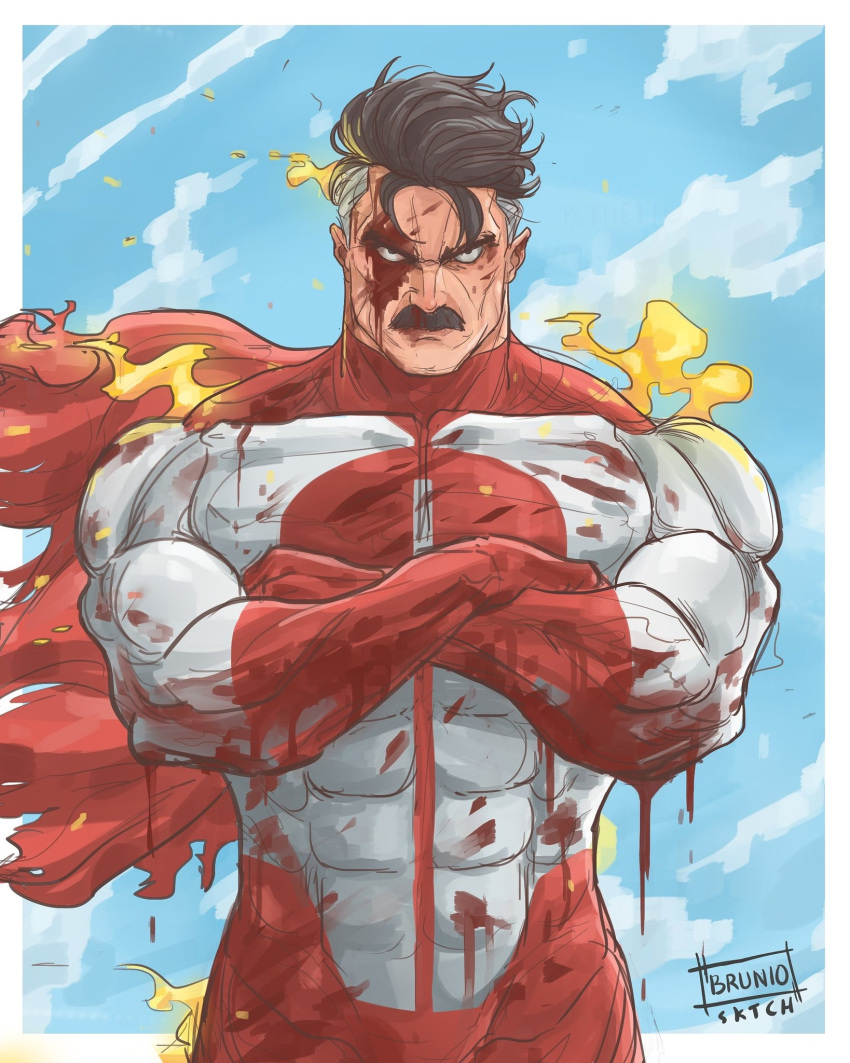 1boy, artist_name, blood, blood_on_clothes, blood_on_face, blue_sky, bodysuit, bruniosktch