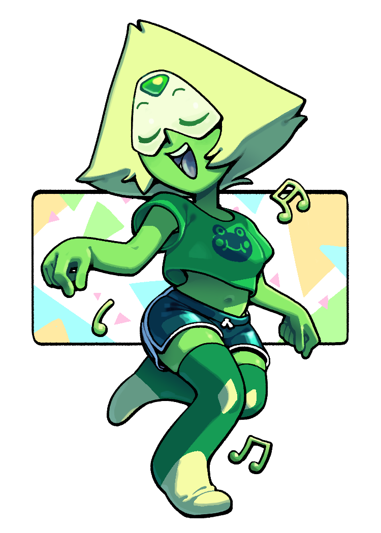 1girl, alien, alternate_costume, blonde_hair, casual, colored_skin, crop_top, dancing