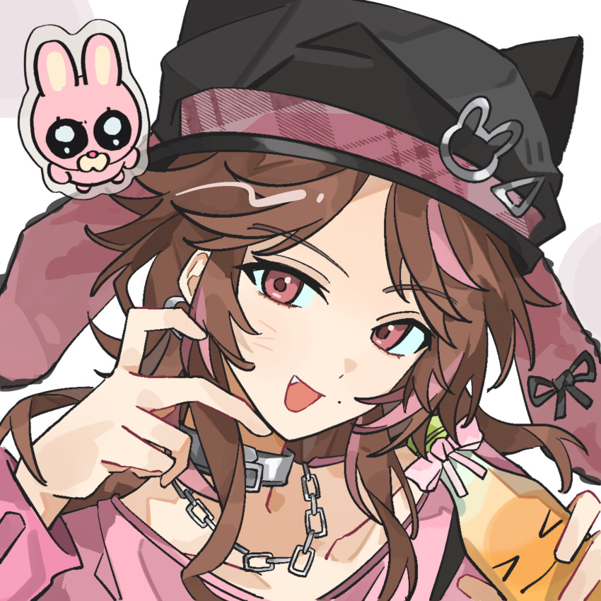 1girl, animal_hat, artist_request, black_hat, bottle, brown_hair, cat_hat, chain