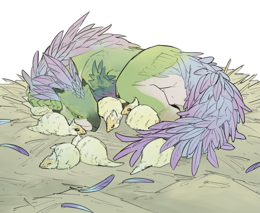 baby_animal, baby_seikret_(monster_hunter), beak, bird, black_eyes, black_sclera, blue_feathers, brown_eyes