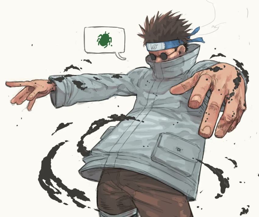 1boy, aburame_shino, brown_pants, bruniosktch, forehead_protector, glasses, grey_jacket, high_collar, highres, jacket, konohagakure_symbol, naruto_(classic), naruto_(series), pants, round_eyewear, short_hair, simple_background, solo, speech_bubble, tinted_eyewear, white_background