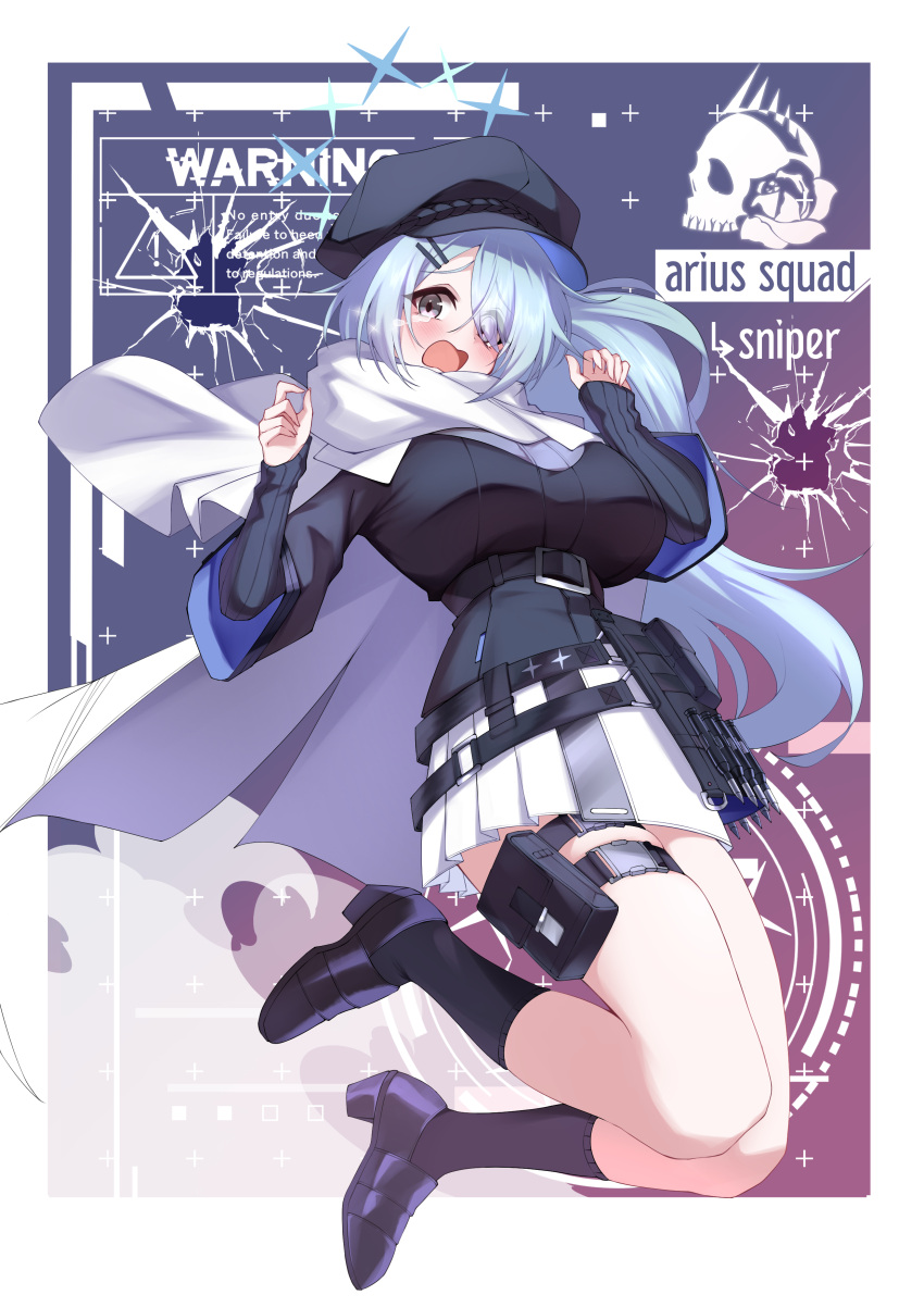 1girl, absurdres, arius_branch_school_logo, black_hat, black_socks, black_sweater, blue_archive, blue_hair