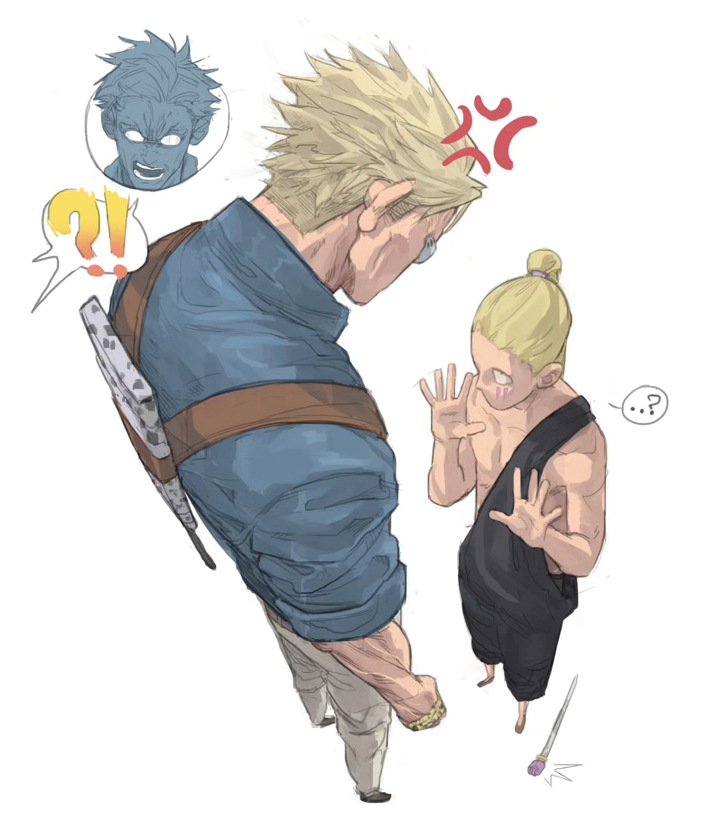 ...?, 2boys, anger_vein, blonde_hair, blue_shirt, bruniosktch, from_above, grey_pants