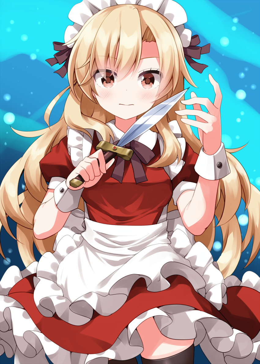 1girl, apron, back_bow, black_thighhighs, blonde_hair, blue_background, bow, bowtie