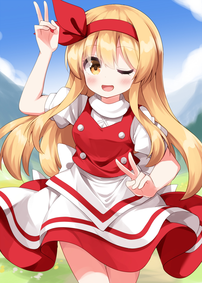 1girl, apron, back_bow, blonde_hair, blue_sky, blush, bow, breasts, clouds, commentary_request, completion_time, day, double_v, ellen_(touhou), hairband, highres, long_hair, looking_at_viewer, medium_breasts, one_eye_closed, open_mouth, orange_eyes, puffy_short_sleeves, puffy_sleeves, red_hairband, red_skirt, red_vest, ruu_(tksymkw), shirt, short_sleeves, skirt, sky, smile, solo, touhou, touhou_(pc-98), v, very_long_hair, vest, waist_apron, white_apron, white_bow, white_shirt, yellow_eyes