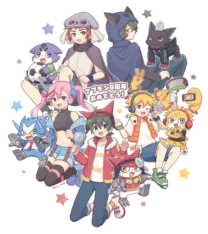 1girl, 4boys, ;3, ;d, animal_ears, appmon, asuka_torajirou, asuka_torajirou_(cosplay), ball, black_shirt, blue_eyes, cape, claws, closed_mouth, collared_shirt, cosplay, crop_top, digimon, digimon_universe:_appli_monsters, dokamon, dokamon_(cosplay), down_vest, extra_arms, fur-trimmed_jacket, fur_trim, gatchmon, gatchmon_(cosplay), goggles, goggles_around_neck, goggles_on_head, goggles_on_headwear, green_eyes, green_jacket, green_shoes, grey_hair, hackmon_(appmon), hackmon_(appmon)_(cosplay), helmet, highres, hood, jacket, karan_eri, karan_eri_(cosplay), katsura_rei, katsura_rei_(cosplay), looking_at_viewer, lulu_hane, microphone, multicolored_hair, multicolored_shoes, multiple_boys, musimon, musimon_(cosplay), navel, necktie, offmon, offmon_(cosplay), one_eye_closed, open_clothes, open_jacket, open_mouth, ozora_yujin, ozora_yujin_(cosplay), pants, pink_hair, profile, red_claws, red_eyes, red_hair, red_jacket, scarf, shinkai_haru, shinkai_haru_(cosplay), shirt, shoes, simple_background, smile, soccer_ball, streaked_hair, thigh-highs, two-tone_shirt, two-tone_shoes, violet_eyes, watch, watch, white_background, white_shirt