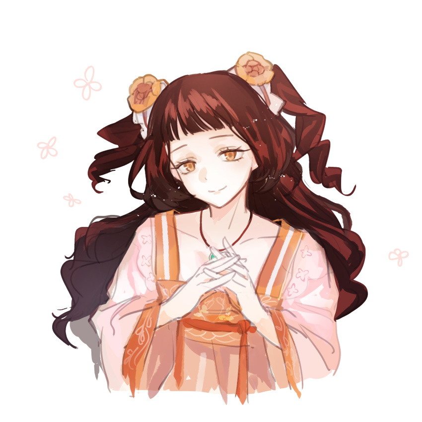 1girl, aqua_gem, brown_hair, chinese_clothes, closed_mouth, collarbone, commentary, cropped_torso, drill_hair, flower, gem, hair_flower, hair_ornament, hanfu, hatoretasu, highres, interlocked_fingers, jewelry, light_particles, limbus_company, long_hair, long_sleeves, looking_at_viewer, necklace, orange_eyes, own_hands_clasped, own_hands_together, pink_hanfu, project_moon, qixiong_ruqun, sidelocks, simple_background, smile, solo, square_neckline, two_side_up, white_background, wide_sleeves, xue_baochai_(project_moon), yellow_flower