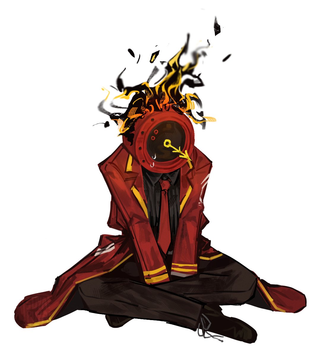 1other, analog_clock, between_legs, black_pants, black_shirt, black_shoes, clock, coat, collared_shirt, commentary, dante_(limbus_company), english_commentary, facing_down, fire, full_body, gold_trim, hand_between_legs, highres, indian_style, lapels, limbus_company, long_sleeves, necktie, notched_lapels, object_head, open_clothes, open_coat, other_focus, pants, project_moon, red_coat, red_necktie, shirt, shoelaces, shoes, simple_background, sitting, suyapuya, sweatdrop, white_background