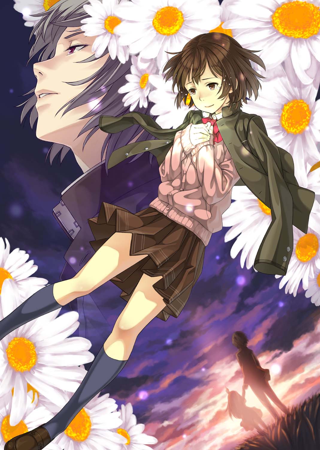 brown_eyes, brown_hair, child, daisy, flower, gakuran, grey_hair, hand_holding