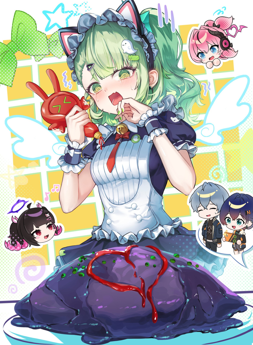 1boy, 4girls, @_@, absurdres, angels_of_delusion, animal_ear_hairband, animal_ears, aria_(discordant_note)_(zenless_zone_zero)