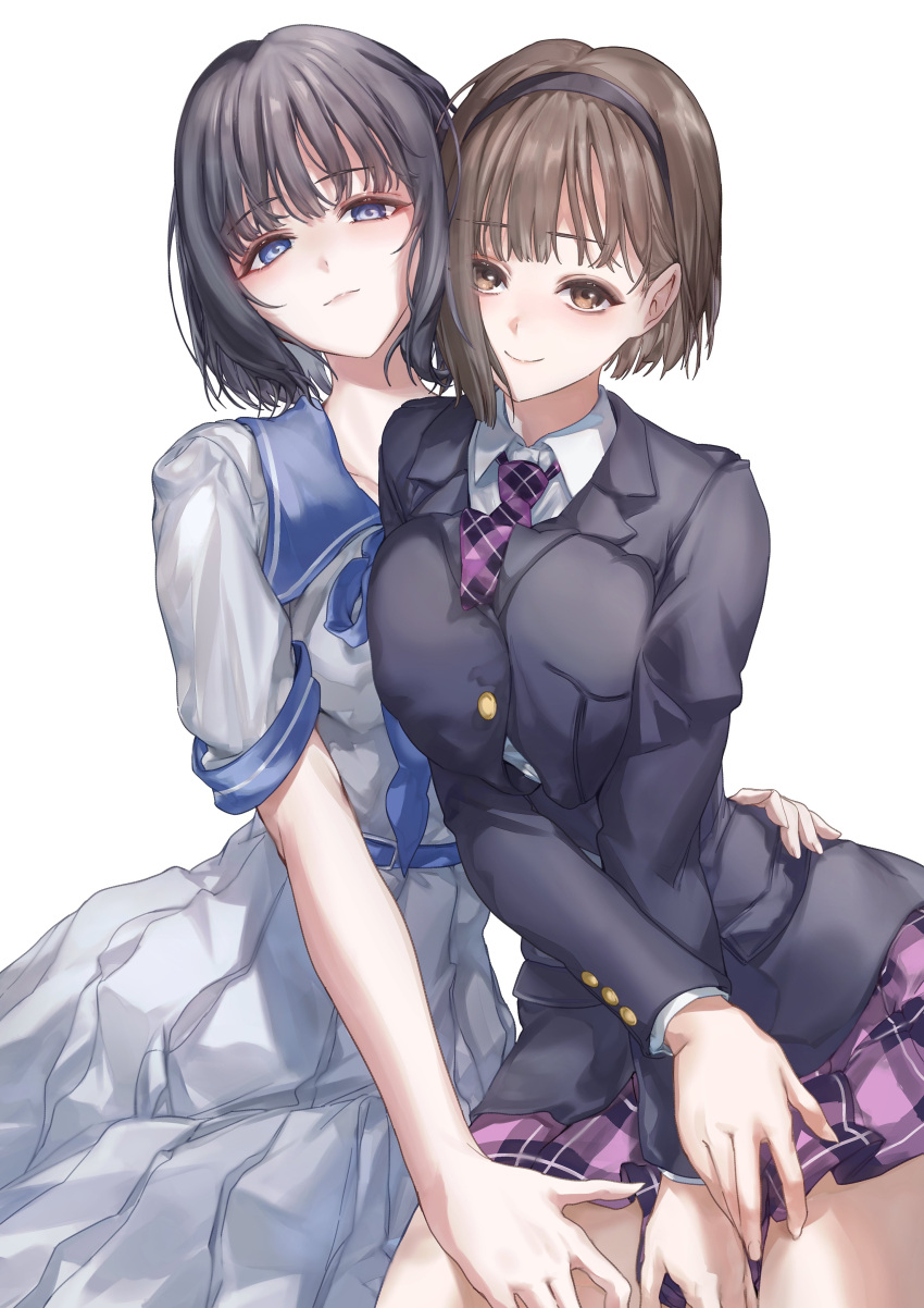 2girls, a_o_u_t, absurdres, black_hair, blue_reflection_(series), blue_reflection_ray, blue_reflection_tie, blush, bob_cut, brown_eyes, brown_hair, hairband, highres, hoshizaki_ao, komagawa_uta, looking_at_viewer, multiple_girls, plaid_clothes, plaid_skirt, pleated_skirt, school_uniform, shirt, short_hair, skirt, smile, white_shirt, yuri