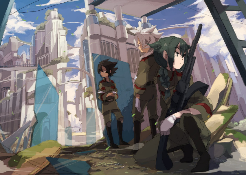 black_hair, braid, city, eska_bamel, facial_mark, green_hair, gun, inazuma_eleven