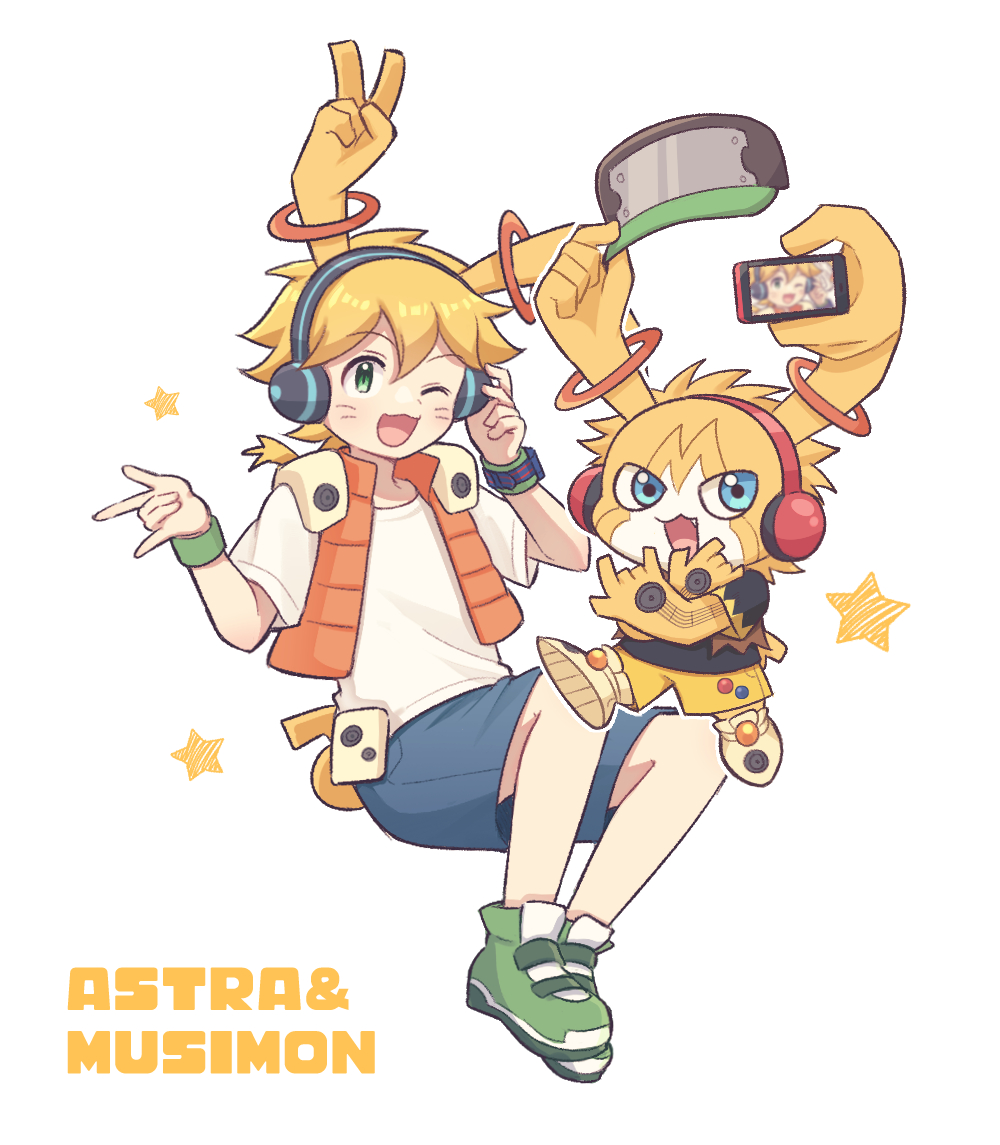 1boy, ;3, \m/, asuka_torajirou, asuka_torajirou_(cosplay), blonde_hair, blue_eyes, character_name, colored_skin, cosplay, digimon, digimon_universe:_appli_monsters, down_vest, extra_arms, facial_mark, green_eyes, green_shoes, hat, headphones, holding, holding_phone, holding_unworn_clothes, holding_unworn_hat, lulu_hane, male_focus, multicolored_skin, musimon, musimon_(cosplay), one_eye_closed, open_mouth, phone, shoes, shorts, simple_background, two-tone_skin, unworn_hat, unworn_headwear, white_background, white_skin, wristband