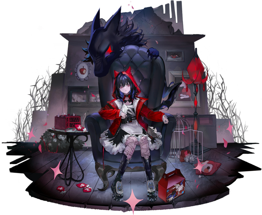 1girl, ankle_boots, apron, artist_request, birdcage, black_boots, black_hair, blue_hair