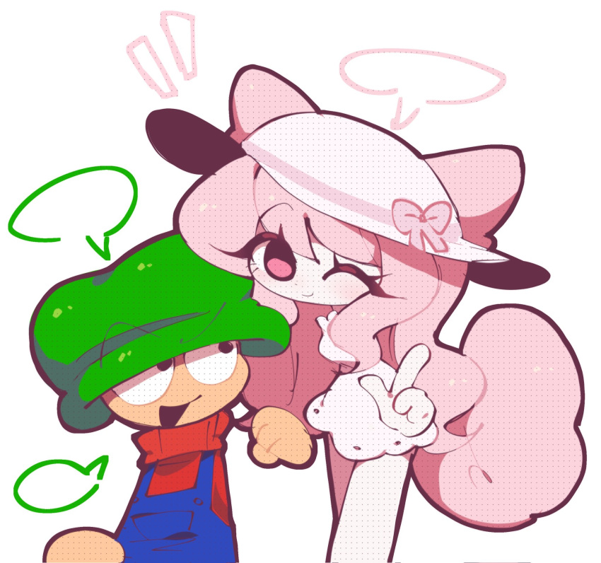 1boy, 1girl, :d, ;), animal_ears, artist_self-insert, bambi_(friday_night_funkin'), bare_legs, black_eyes, blank_speech_bubble, blue_overalls, bow, breasts, buttons, cat_ears, cat_girl, cat_tail, cocked_eyebrow, colored_skin, commentary, cowboy_shot, dave_and_bambi, deformed, double-parted_bangs, dress, english_commentary, eyes_visible_through_hair, fewer_digits, friday_night_funkin', friday_night_funkin'_vs_dave_and_bambi, frilled_dress, frills, green_hat, hair_between_eyes, halftone, hand_up, hat, hat_bow, height_difference, highres, index_finger_raised, long_hair, no_pupils, notice_lines, one_eye_closed, open_mouth, original, overalls, pink_bow, pink_eyes, pink_tail, pocket, raised_eyebrow, rayman_limbs, red_sweater, sammy_(k0hmisam), short_dress, short_male, sidelocks, simple_background, skirt, small_breasts, smile, speech_bubble, standing, sweater, tail, tareme, turtleneck, turtleneck_sweater, v-shaped_eyebrows, very_long_hair, wavy_hair, white_background, white_dress, white_hat, white_skin