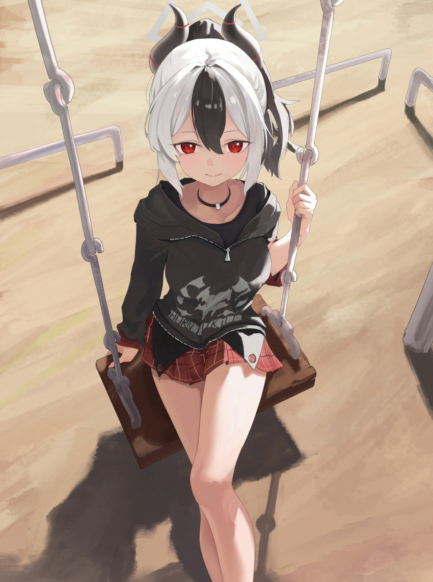 1girl, absurdres, black_choker, black_hair, black_hoodie, black_wings, blue_archive, choker, closed_mouth, collarbone, commentary, cropped_legs, demon_horns, hair_between_eyes, halo, highres, hood, hoodie, horns, kayoko_(blue_archive), long_sleeves, looking_at_viewer, miniskirt, multicolored_hair, neptune_illust, on_swing, pleated_skirt, ponytail, red_eyes, red_skirt, shadow, sidelocks, sitting, skirt, smile, solo, swing, two-tone_hair, upper_body, white_hair, wings